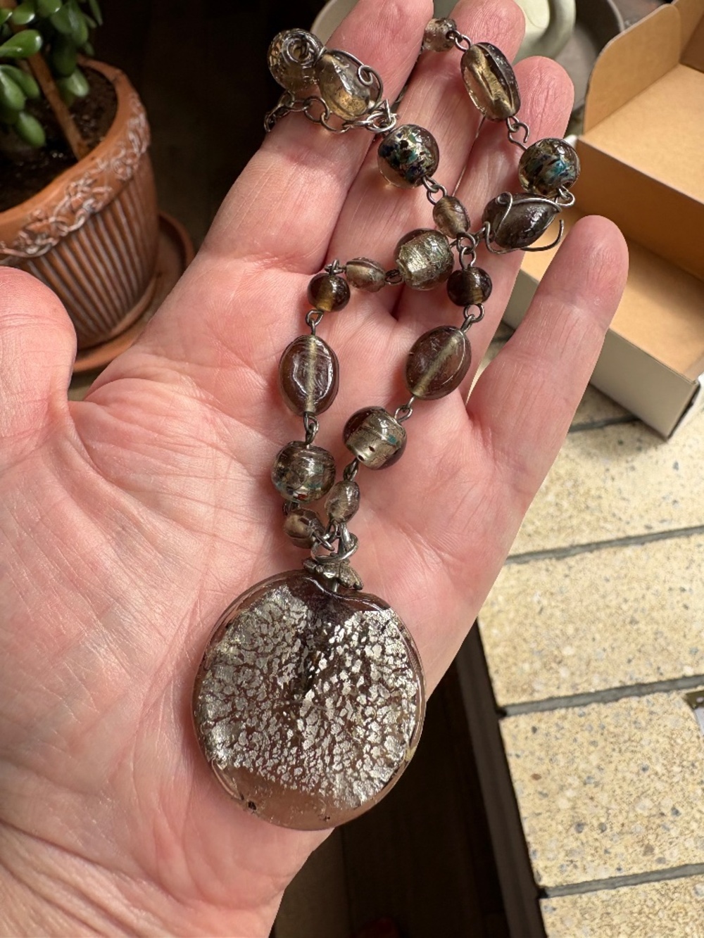 Smoky brown and metallic necklace/pendant